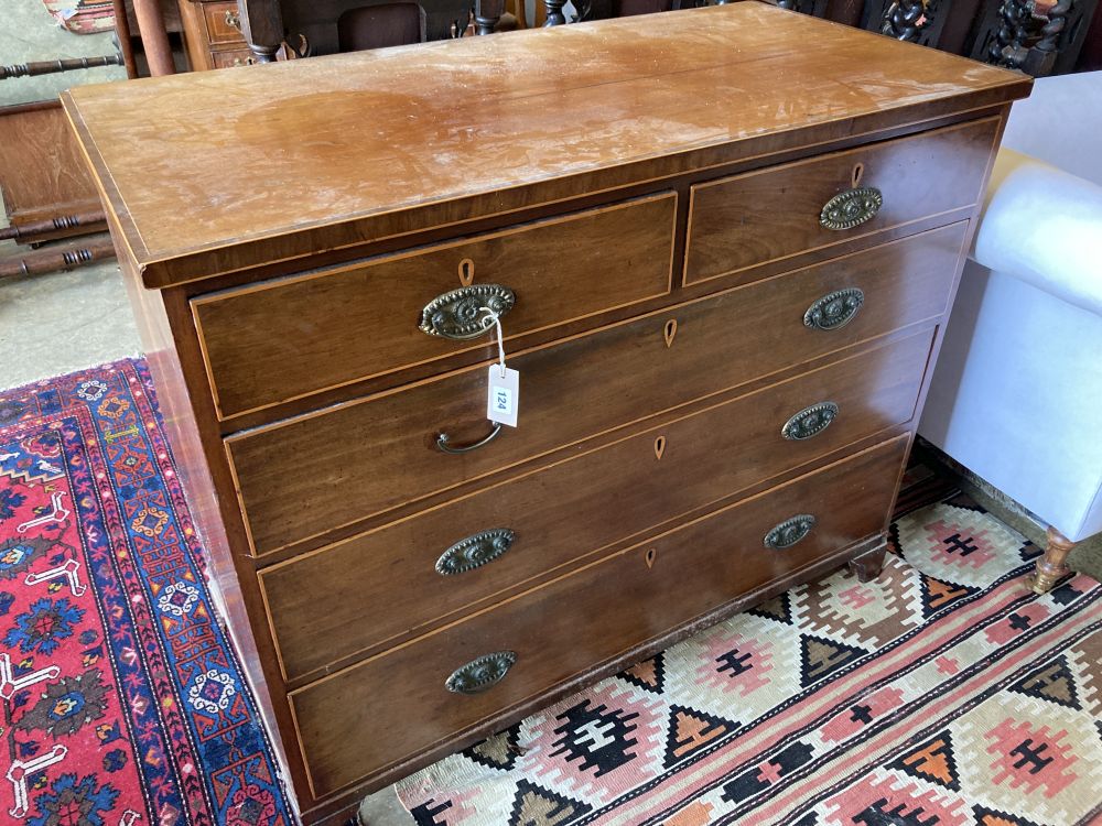 A Regency banded mahogany chest fitted two short drawers and three long drawers, width 109cm, depth 55cm, height 90cm